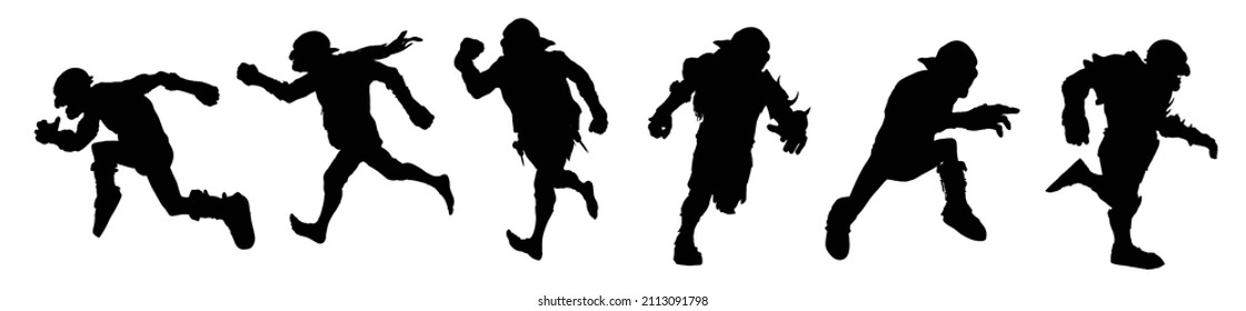 Black silhouettes of goblins in different running and jumping poses from different angles, and in different armor and clothing. 2d art