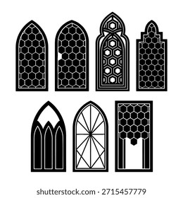 Black silhouettes of gothic and arched window frames with hexagonal honeycomb patterns. Perfect for laser cutting, architectural models, and dark academic designs.