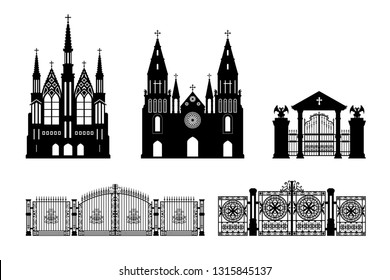 Black silhouettes of gothic church, crypt and gate. Isolated drawing of cathedral build. Fantasy architecture. European medieval landmark. Design element. Vector illustration