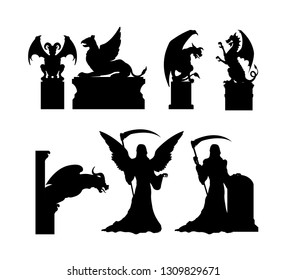 Black silhouettes of gothic statues. Medieval architecture. Stone cathedral sculpture. Cemetery memorial. Halloween symbol. Tombstone of catholic graveyard. Vector illustration