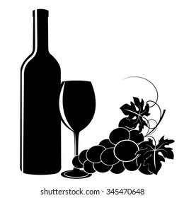 black silhouettes of grapes, wine glass and bottle on a white background 
