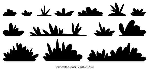 Siluetas negras de hierba. Hierba de dibujos animados en estilo plano. Ilustración de casquillos. Ilustración vectorial aislada sobre fondo blanco.
