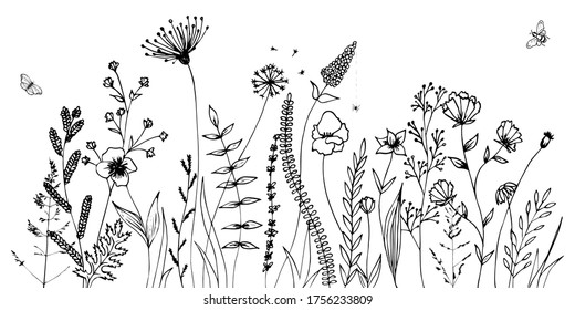 Siluetas negras de césped, flores y hierbas aisladas en fondo blanco. Flores dibujadas a mano e insectos.