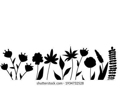 Black silhouettes of grass, flowers and herbs. minimalistic simple floral elements. Botanical natural. Graphic sketch. Hand drawn flowers. design for social media. Outline, line, doodle style.