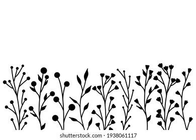 Black silhouettes of grass, flowers and herbs. minimalistic simple floral elements. Botanical natural. Graphic sketch. Hand drawn flowers. design for social media. Outline, line, doodle style.