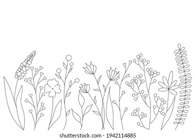 Black silhouettes of grass, flowers and herbs. minimalistic simple floral elements. Botanical natural. Graphic sketch. Hand drawn flowers. design for social media. Outline, line, doodle style.