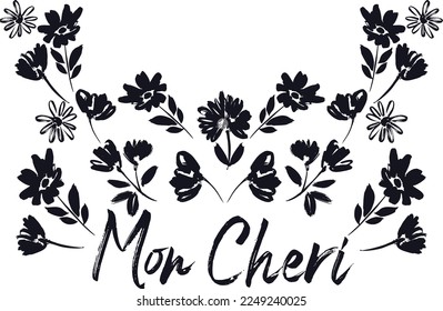 Black silhouettes of grass, flowers and herbs isolated on white background. Hand drawn sketch flowers and insects.