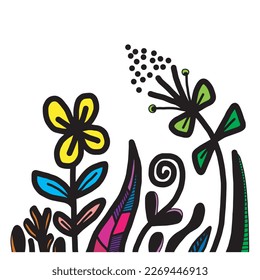 Black silhouettes of grass, flowers and herbs isolated on white background. Hand drawn sketch flowers. 