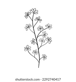 Black silhouettes of grass, flowers and herbs isolated on white background. Hand drawn sketch flowers and insects.