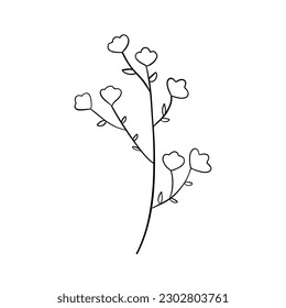 Black silhouettes of grass, flowers and herbs isolated on white background. Hand drawn sketch flowers and insects.