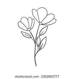 Black silhouettes of grass, flowers and herbs isolated on white background. Hand drawn sketch flowers and insects.