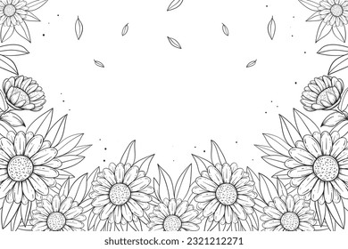 Black silhouettes of grass, flowers and herbs isolated on white background. Hand drawn sketch flowers and insects.