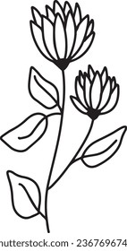 Black silhouettes of grass, flowers and herbs isolated on white background. Hand drawn sketch flowers.