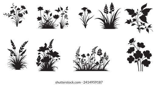 Black silhouettes of grass, flowers and herbs isolated on white background. Hand drawn sketch flowers and insects.