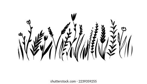 Black silhouettes of grass, wild flowers and herbs isolated on white background. Brush drawn branches and twigs collection. Botanical border. Doodle and sketch style floral vector illustration. 