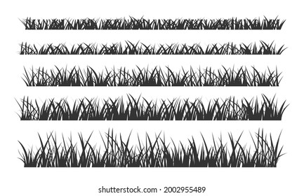 Black silhouettes of grassland lawn field border flat style design vector illustration set isolated on white background. Cartoon summer green grass nature landscape field.