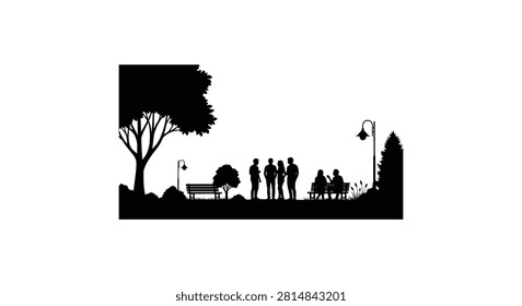 Black silhouettes of group of friends standing and sitting on benches in park environment under street lights urban design.