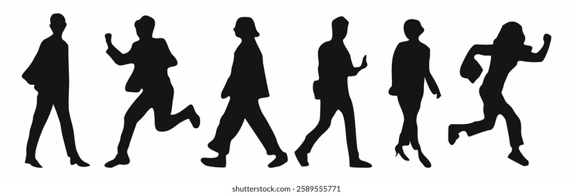 Black silhouettes of group of people are running and walking. The people are all different ages and genders. Flat vector illustration isolated on white background