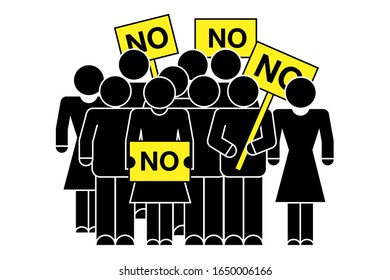 Black silhouettes of a group of protesters with yellow signs.