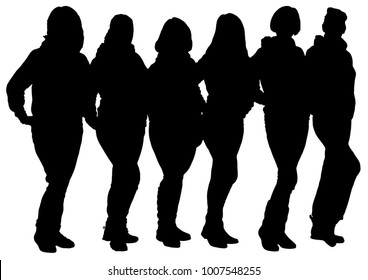 Black silhouettes of group of women on a white background. Structure of jury, judge, competition. Team.