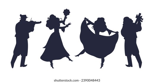 Black silhouettes of gypsy people characters set performing traditional folk dances, cartoon contour vector illustration isolated on white background.