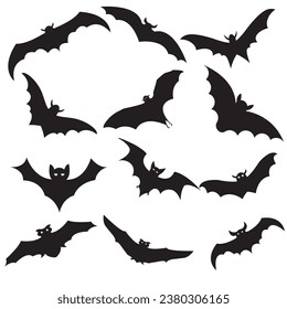 Black silhouettes of halloween bats set on white background