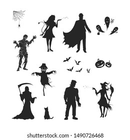 Siluetas negras de personajes de Halloween. Imagen aislada de vampiros, brujas, momias y fantasmas. Elementos para el diseño de las vacaciones de octubre. Monstruo gótico. Ilustración del vector