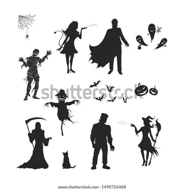 ハロウィーンの文字の黒いシルエット 吸血鬼 魔女 ミイラ 幽霊の単独画像 10月のホリデーデザインのエレメント ゴシック怪獣 ベクターイラスト のベクター画像素材 ロイヤリティフリー
