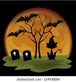 a lot of black silhouettes of halloween icons in a  yellow moon