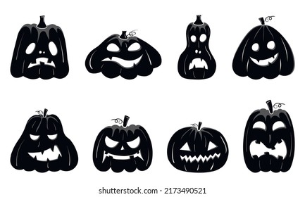 Black silhouettes of Halloween pumpkin faces isolated on white background. Terrible emoticons for paper cutting, scrapbooking, stickers, holiday decor