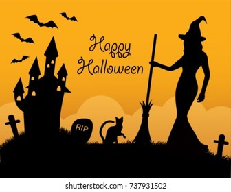 black silhouettes halloween symbol on orange background