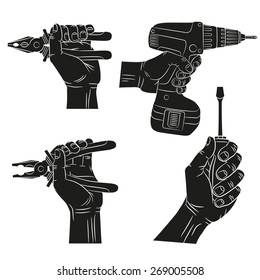 Black silhouettes - hands hold tools - screwdriver, pliers, drill. 