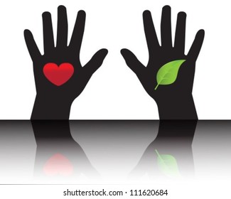 Black silhouettes of hands showing leaf and heart