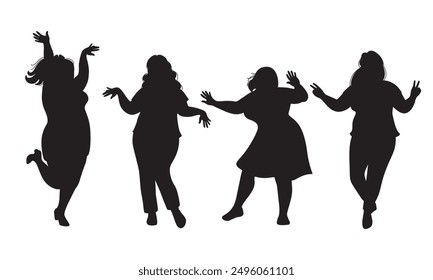 Siluetas negras de mujeres bailarinas felices. Chicas monocromáticas de talla grande aisladas sobre fondo blanco. Concepto de positividad corporal. Fiesta divertida, estilo de vida activo y saludable, hermandad. Simple Ilustración vectorial.