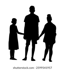 black silhouettes of a happy family, father and daughters