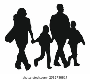 Black silhouettes of happy family walking together. Mother, father, daughter, son holding hands. Vector flat illustration isolated on white background