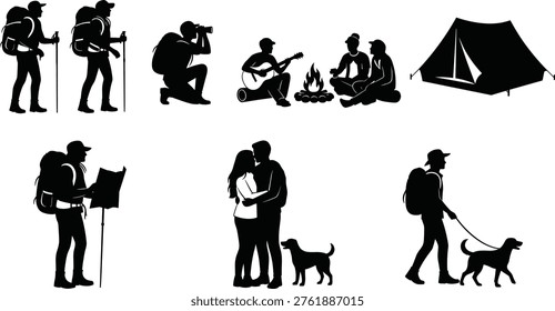 Black silhouettes of hikers camping featuring tents campfires people with backpacks and dogs cad drawing flat vector illustration isolated set.