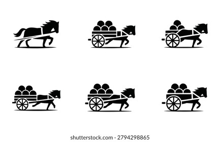 Black silhouettes of horses pulling carts with various loads