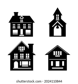 Black silhouettes of houses, cottages and church. Vector illustration