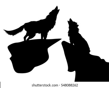 Black silhouettes of howling wolves on white background.