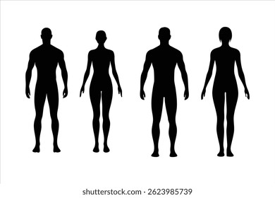 black silhouettes, human figures, male and female, anatomical reference, front view, full body, minimalist, stark contrast, white background,