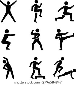 Black silhouettes of human figures practicing pushups boxing kicks and jumping exercises for workout illustration.