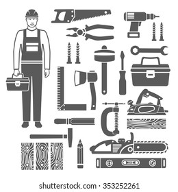 Black silhouettes icons set of sawing and carpentry tools and carpenter in overalls isolated vector illustration