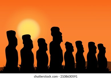 Black silhouettes of the idols of Easter Island on an orange background. Moai stone statue head on Easter Island. Vector illustration.