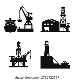 Black silhouettes of industrial and nautical structures and vehicles cranes ships lighthouse icon