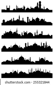 Black silhouettes of islamic cityscape shoving mosques, minarets with crescents on the tops of dome roofs and castles with high towers for traveling or architecture design