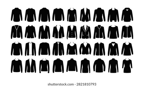 Black silhouettes of jackets shirts blouses and sweaters displayed in grid formation
