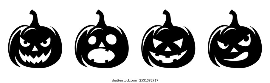 Black silhouettes of jack-o'-lanterns (Halloween pumpkins) isolated on a white background. Set of vector illustrations. Hand-drawn illustration, not AI