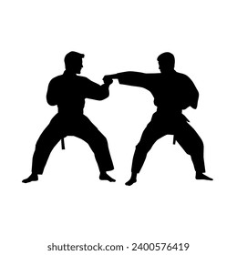 Black silhouettes of karate fighting, Single combats, a set of silhouettes of a karate in different poses