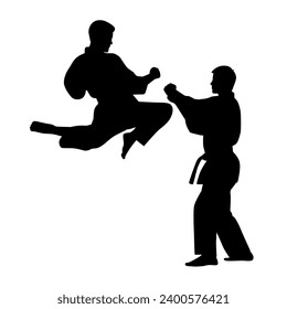 Black silhouettes of karate fighting, Single combats, a set of silhouettes of a karate in different poses